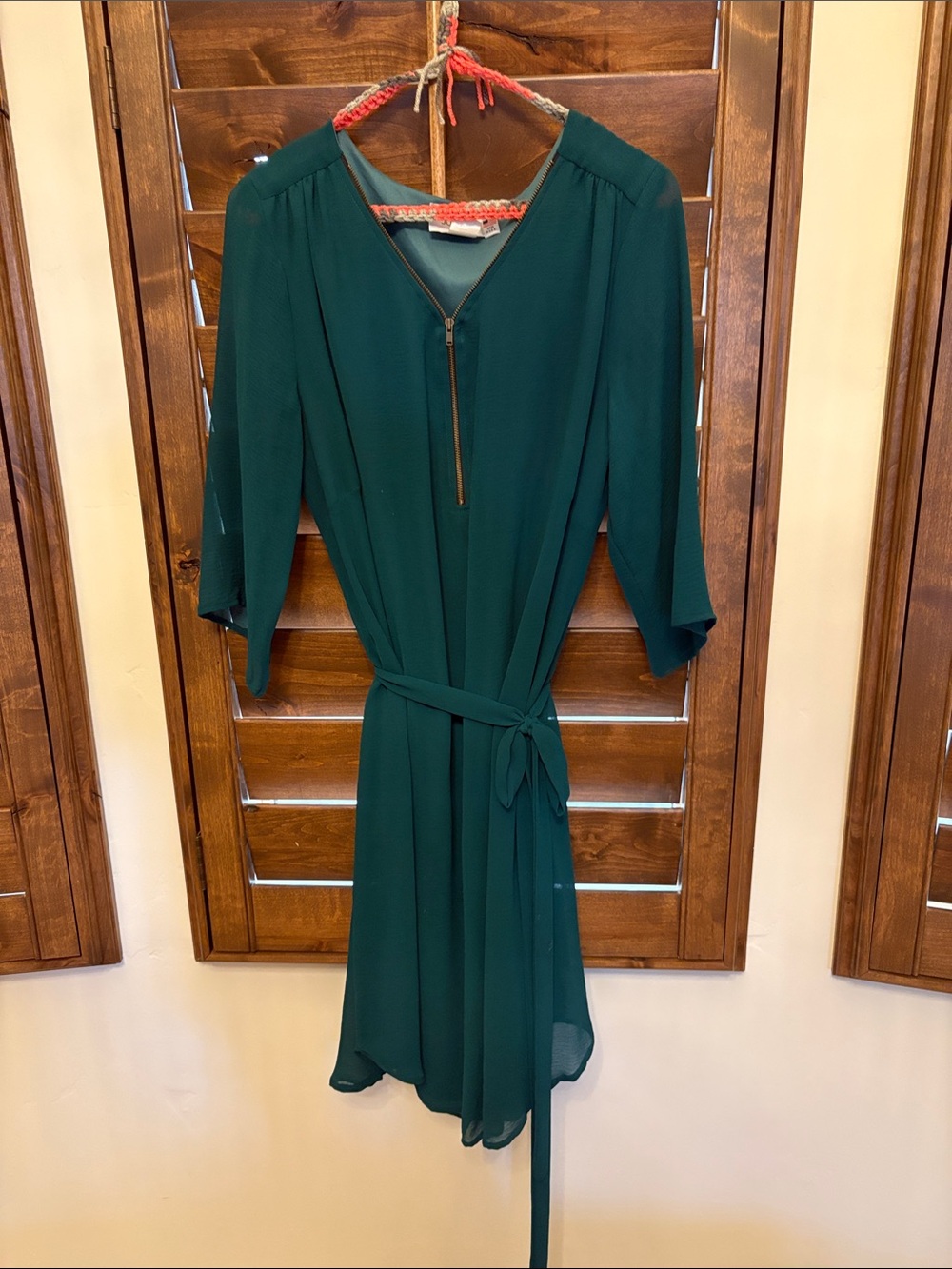 Women's Deep Teal V-Neck Midi Dress with Self-Tie Belt